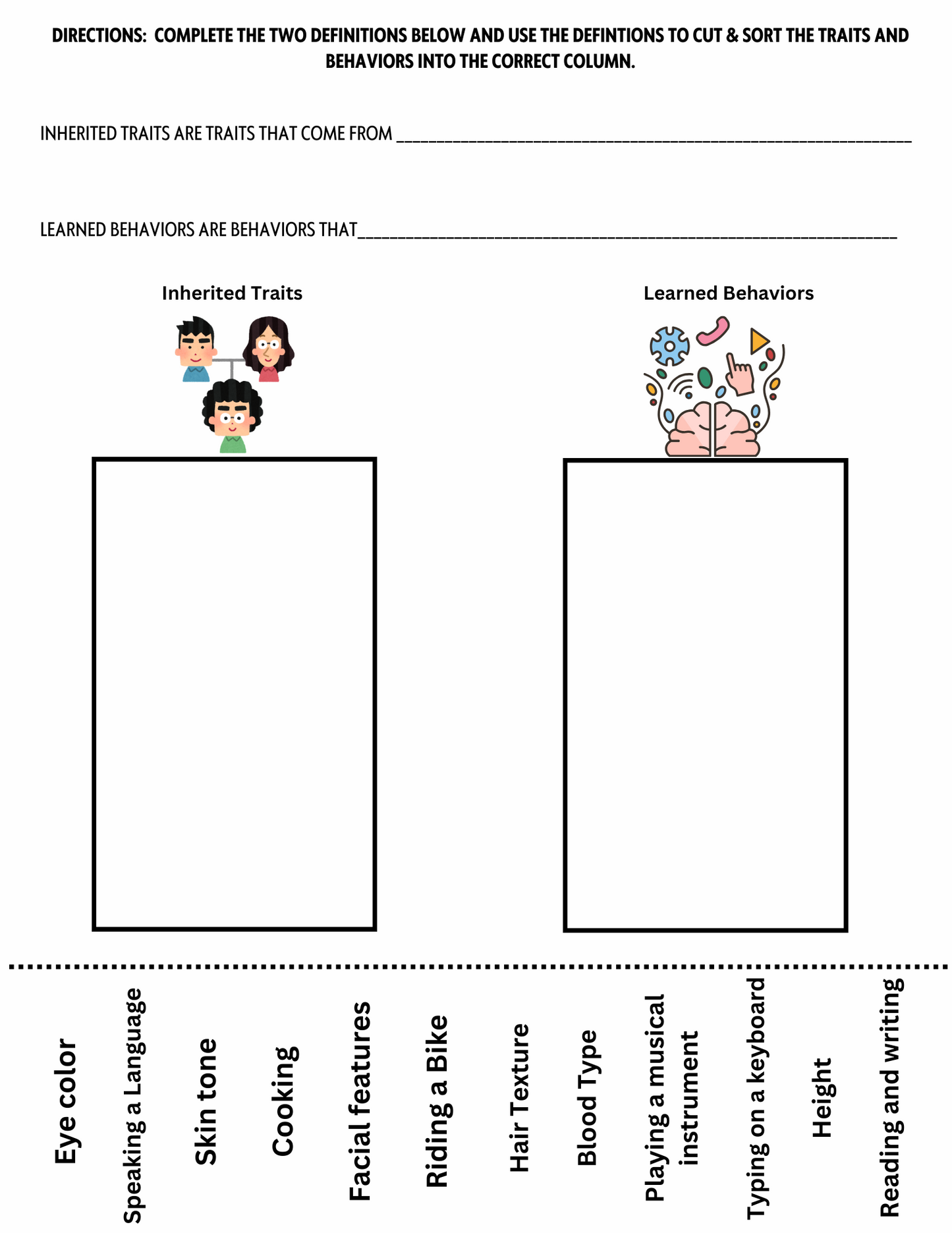 Traits & Behaviors Unit Worksheets