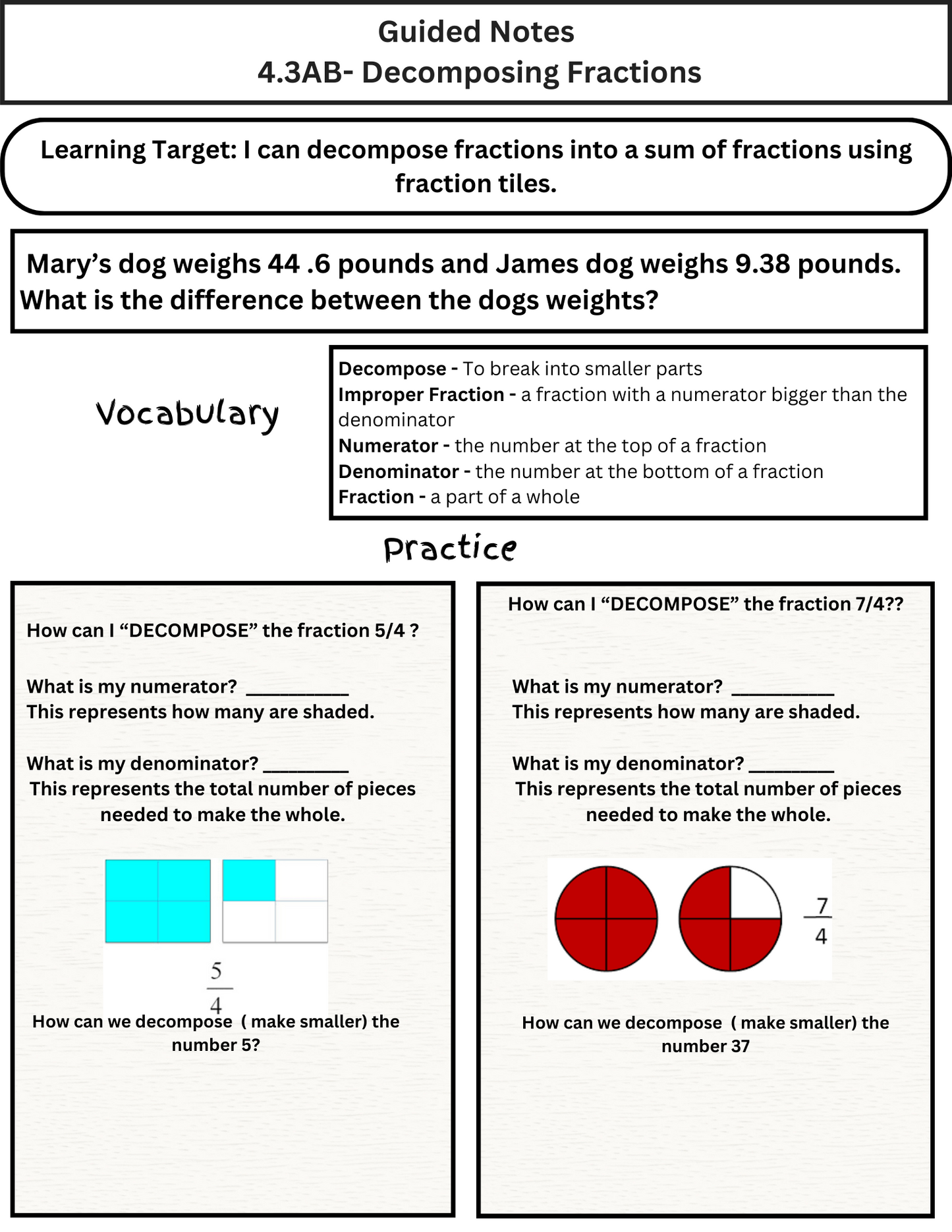 4th Grade Fractions Guided Notes