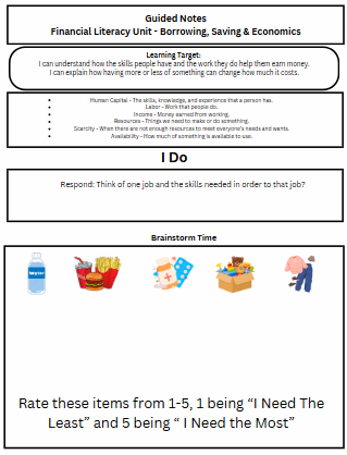 3rd Grade Financial Literacy Guided Notes